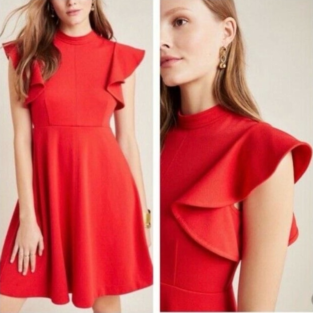 Maeve by Anthropologie Midi  Deena Swing Fluter Red Ruffle Sleeves Dress Size M
